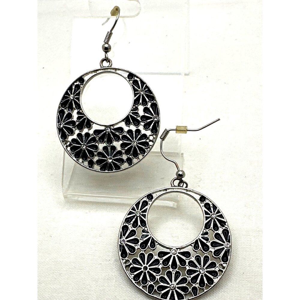 Daisy Hoop Earrings Black Silver Floral Rhinestone Accents
